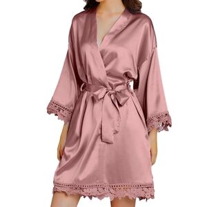 Dusty Rose Pink Floral Lace Trim Satin Bridal Wedding Robe Plus Size XXL/XXXL